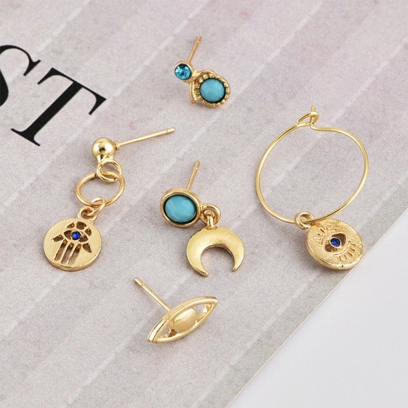 5-piece Boho Palm Moon Turquoise Gold Earrings - Picture 4 of 5